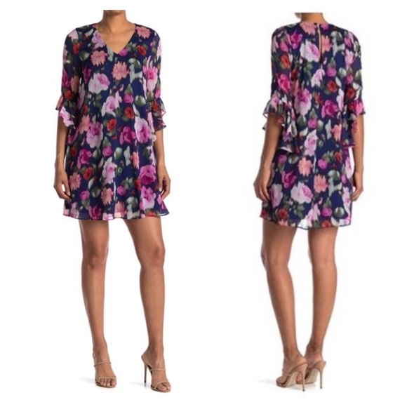 Calvin Klein Blue Floral Ruffle Bell Sleeve Shift size 6 - Picture 1 of 7